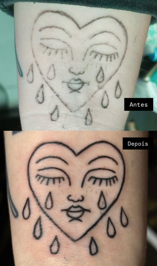 Restauração e reforma de tatuagem de coração com traço firme antes e depois